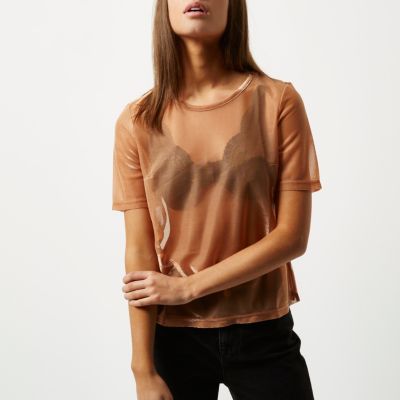 Orange metallic mesh T-shirt